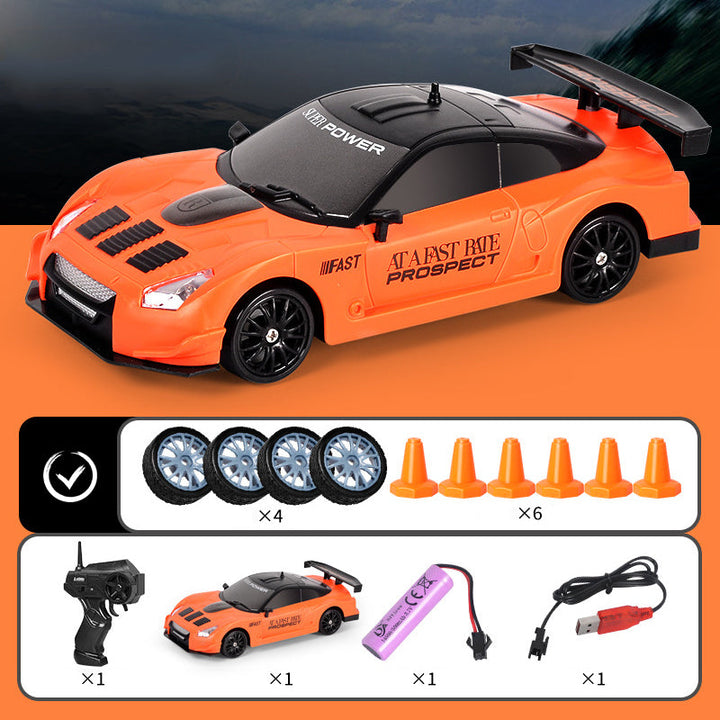 "Ladattava RC-drift-auto, neliveto, LED-valot, tyylikäs muotoilu, tehokas moottori, kääntymistä parantavat kilparenkaat."
