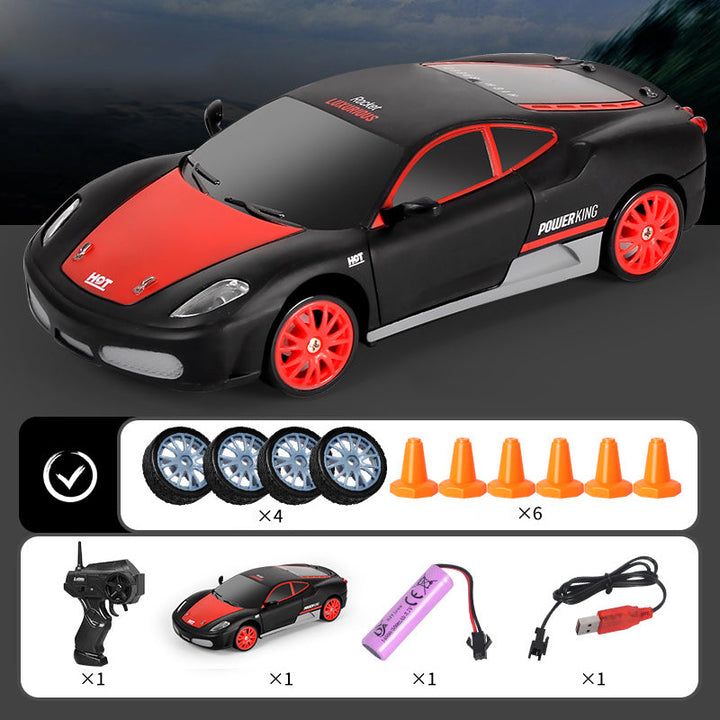 "Ladattava RC-drift-auto, neliveto, LED-valot, tyylikäs muotoilu, tehokas moottori, kääntymistä parantavat kilparenkaat."