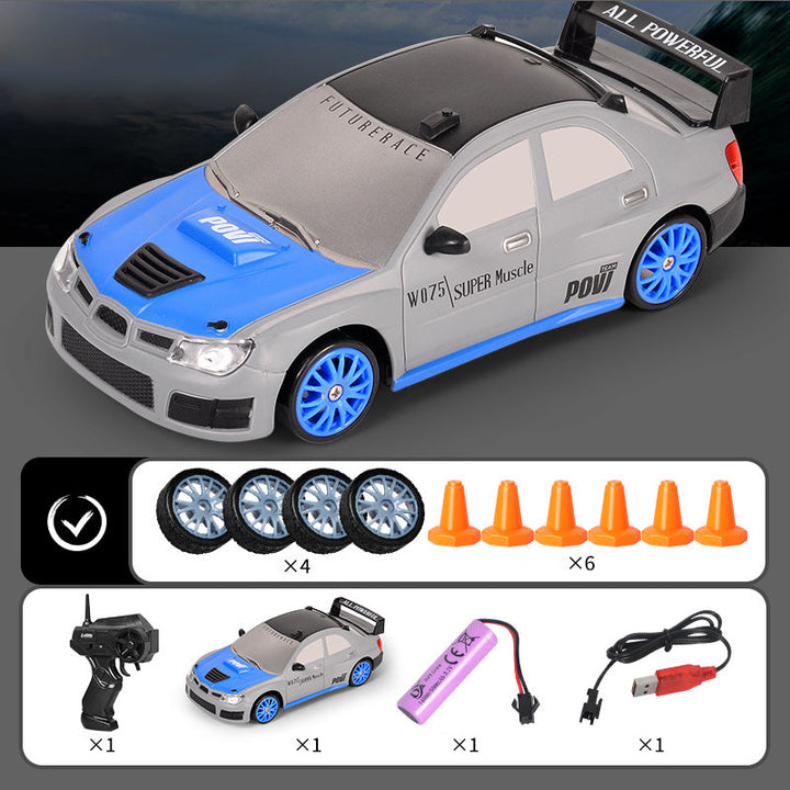 "Ladattava RC-drift-auto, neliveto, LED-valot, tyylikäs muotoilu, tehokas moottori, kääntymistä parantavat kilparenkaat."