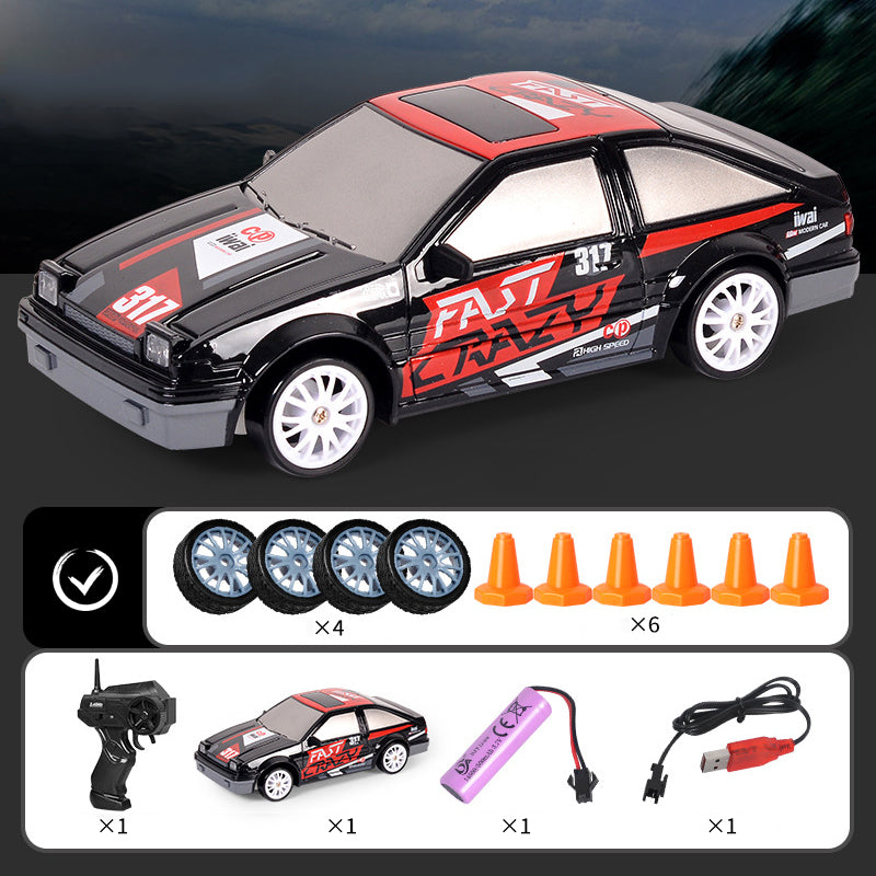 "Ladattava RC-drift-auto, neliveto, LED-valot, tyylikäs muotoilu, tehokas moottori, kääntymistä parantavat kilparenkaat."