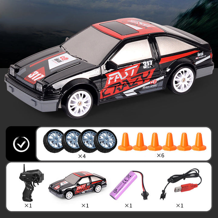 "Ladattava RC-drift-auto, neliveto, LED-valot, tyylikäs muotoilu, tehokas moottori, kääntymistä parantavat kilparenkaat."