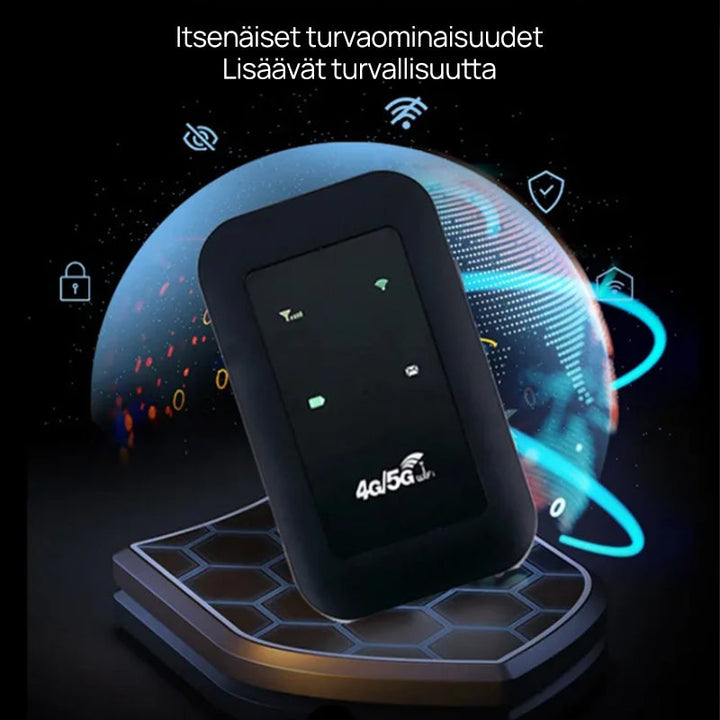Langaton kannettava 5G WiFi-reititin antenneilla, kompakti, hopeanvärinen, neljä sisäänrakennettua antennia, 2100 mAh akku.