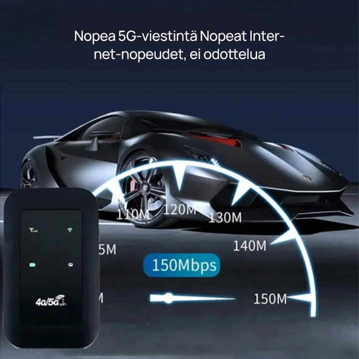 Langaton kannettava 5G WiFi-reititin antenneilla, kompakti, hopeanvärinen, neljä sisäänrakennettua antennia, 2100 mAh akku.