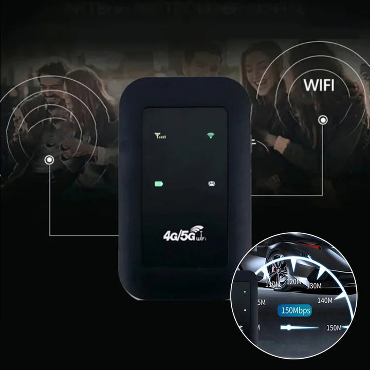 Langaton kannettava 5G WiFi-reititin antenneilla, kompakti, hopeanvärinen, neljä sisäänrakennettua antennia, 2100 mAh akku.