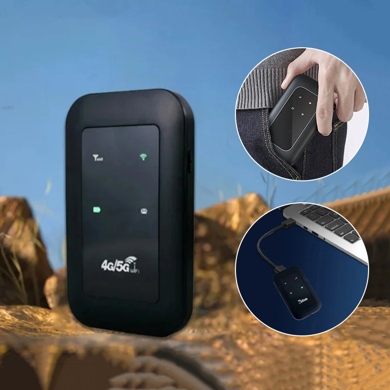 Langaton kannettava 5G WiFi-reititin antenneilla, kompakti, hopeanvärinen, neljä sisäänrakennettua antennia, 2100 mAh akku.