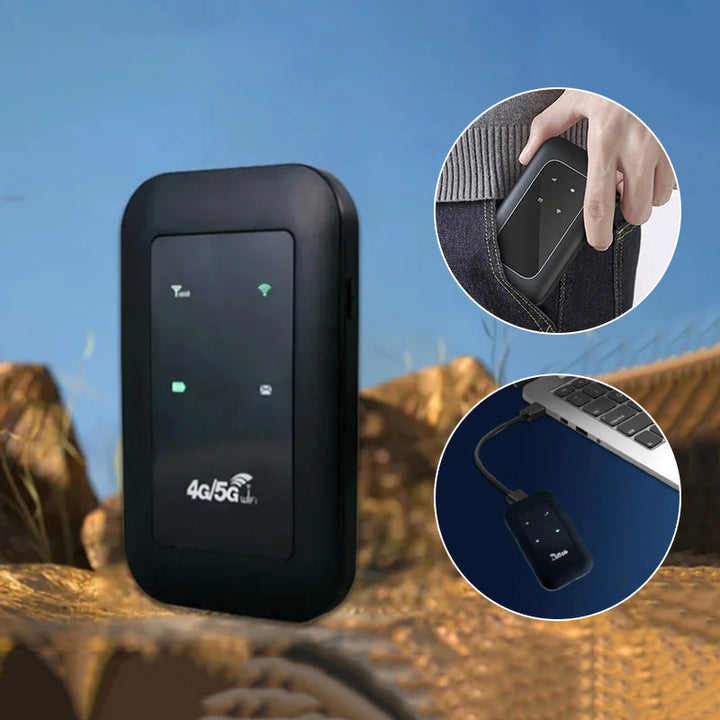Langaton kannettava 5G WiFi-reititin antenneilla, kompakti, hopeanvärinen, neljä sisäänrakennettua antennia, 2100 mAh akku.