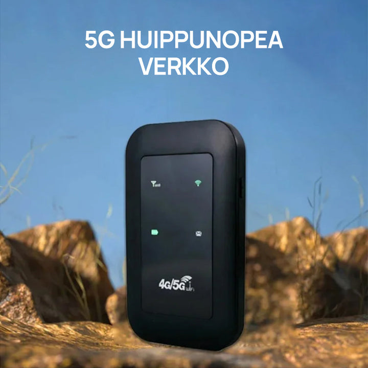 Langaton kannettava 5G WiFi-reititin antenneilla, kompakti, hopeanvärinen, neljä sisäänrakennettua antennia, 2100 mAh akku.