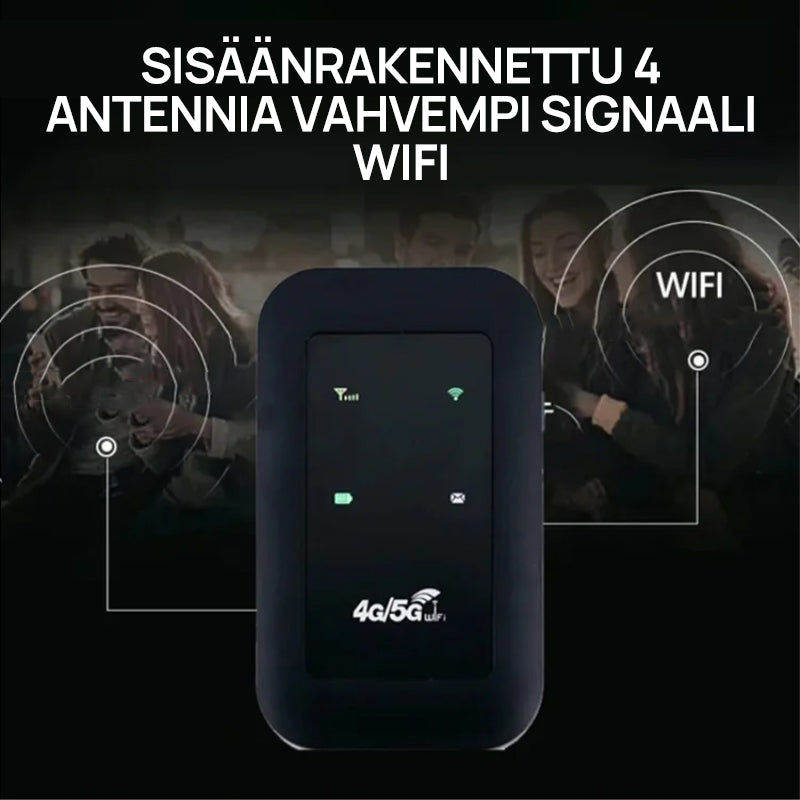 Langaton kannettava 5G WiFi-reititin antenneilla, kompakti, hopeanvärinen, neljä sisäänrakennettua antennia, 2100 mAh akku.
