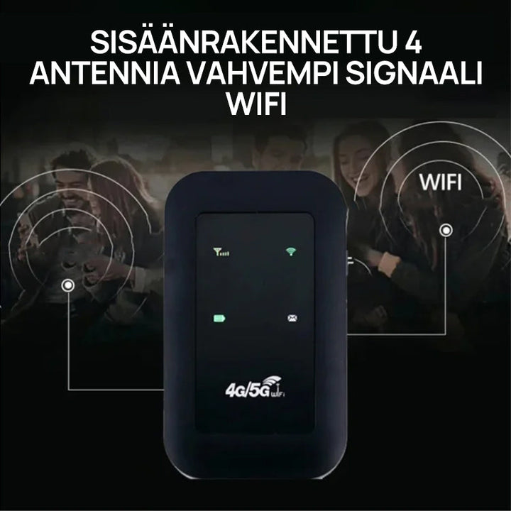 Langaton kannettava 5G WiFi-reititin antenneilla, kompakti, hopeanvärinen, neljä sisäänrakennettua antennia, 2100 mAh akku.