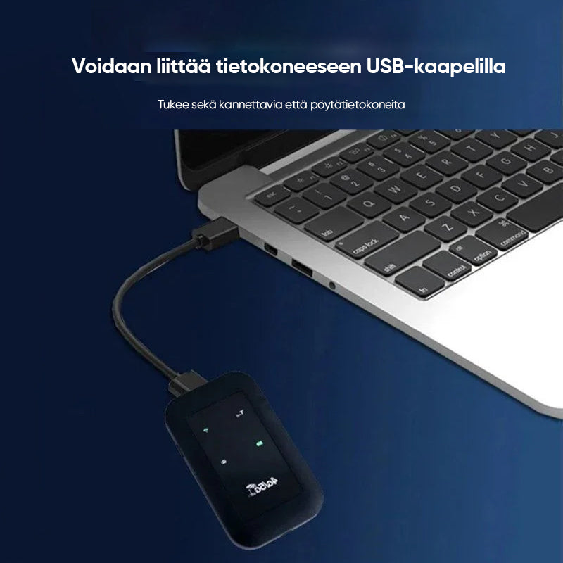 Bærbar WiFi-router med 4G/5G+antenne, der leverer hurtig 150 Mbps dataoverførsel på en hvid baggrund.