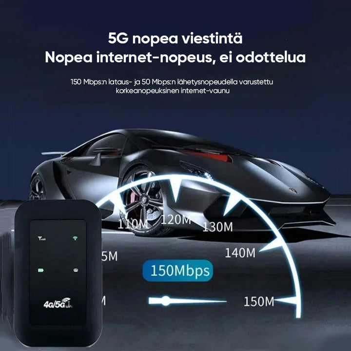 Bærbar WiFi-router med 4G/5G+antenne, der leverer hurtig 150 Mbps dataoverførsel på en hvid baggrund.