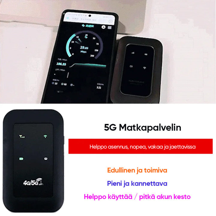 Bærbar WiFi-router med 4G/5G+antenne, der leverer hurtig 150 Mbps dataoverførsel på en hvid baggrund.
