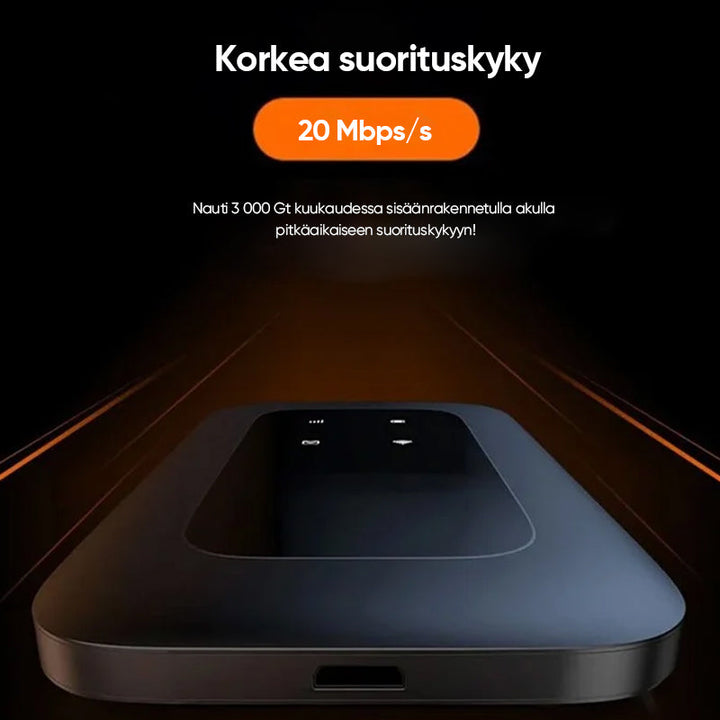 Bærbar WiFi-router med 4G/5G+antenne, der leverer hurtig 150 Mbps dataoverførsel på en hvid baggrund.