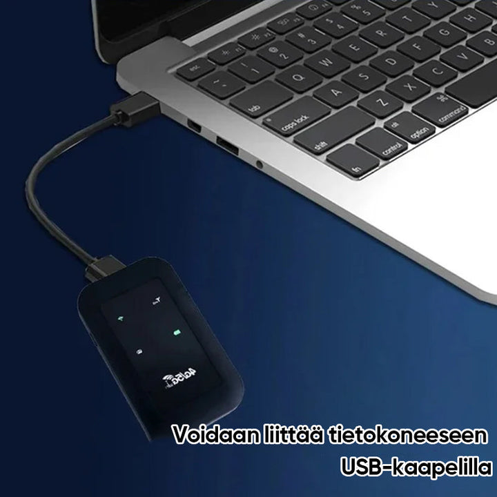 Bærbar WiFi-router med 4G/5G+antenne, der leverer hurtig 150 Mbps dataoverførsel på en hvid baggrund.