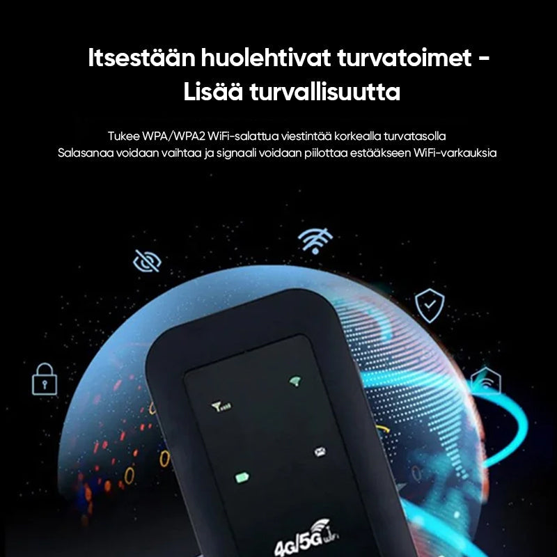 Bærbar WiFi-router med 4G/5G+antenne, der leverer hurtig 150 Mbps dataoverførsel på en hvid baggrund.