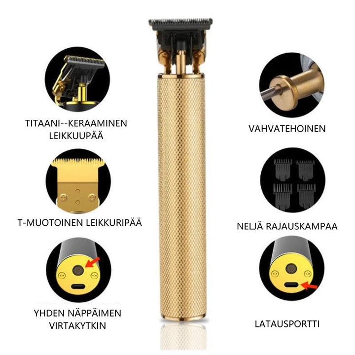 Trådløs herre trimmer og præcisionstrimmer i guldfinish, perfekt til hjemmebrug og professionel brug.