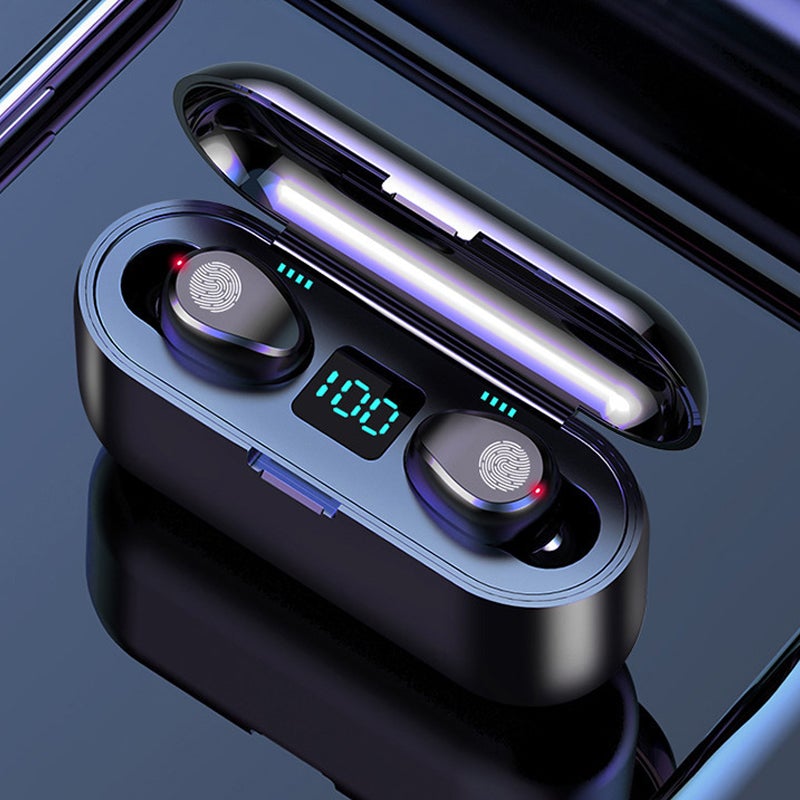 Trådløse Bluetooth-hovedtelefoner til sport, sort/hvid, trådløse, minimalistisk design, IPX8 vandtætte.