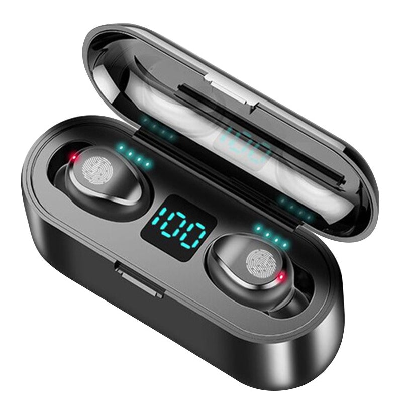 Trådløse Bluetooth-hovedtelefoner til sport, sort/hvid, trådløse, minimalistisk design, IPX8 vandtætte.