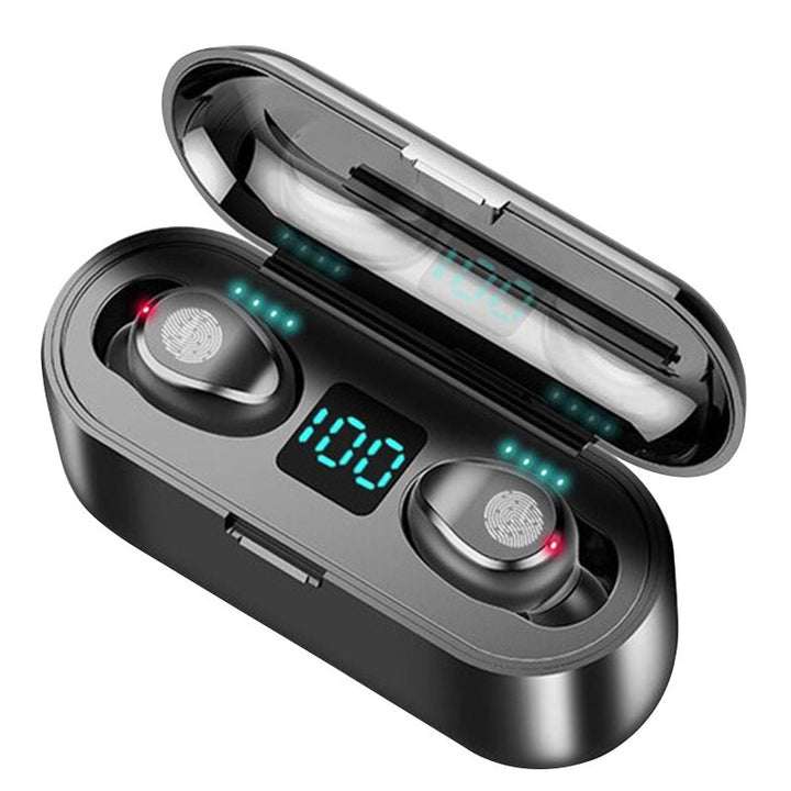 Trådløse Bluetooth-hovedtelefoner til sport, sort/hvid, trådløse, minimalistisk design, IPX8 vandtætte.