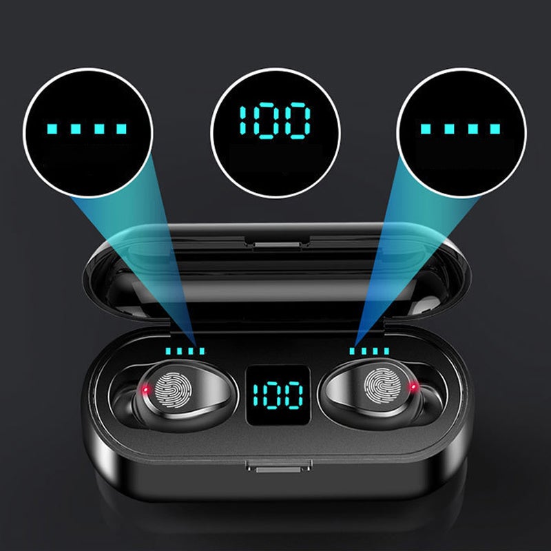 Trådløse Bluetooth-hovedtelefoner til sport, sort/hvid, trådløse, minimalistisk design, IPX8 vandtætte.