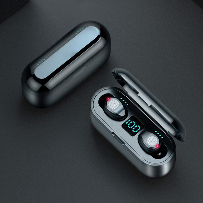 Trådløse Bluetooth-hovedtelefoner til sport, sort/hvid, trådløse, minimalistisk design, IPX8 vandtætte.
