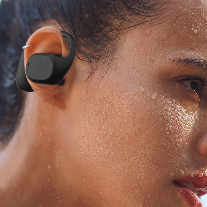 Trådløse open-ear Bluetooth-hovedtelefoner til sport, lette og ergonomiske, sort silikonemateriale, over øret, IPX5.