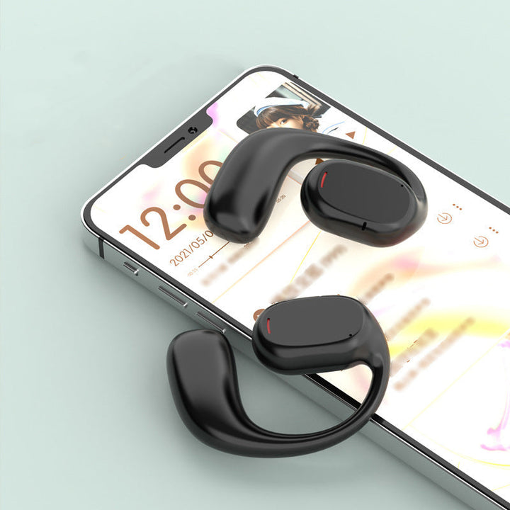 Trådløse open-ear Bluetooth-hovedtelefoner til sport, lette og ergonomiske, sort silikonemateriale, over øret, IPX5.