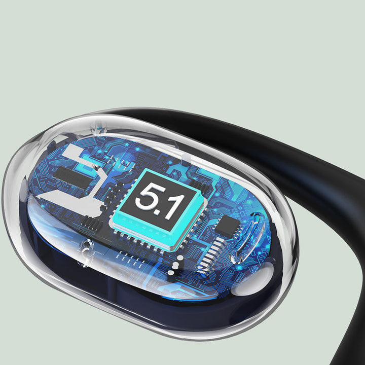 Trådløse open-ear Bluetooth-hovedtelefoner til sport, lette og ergonomiske, sort silikonemateriale, over øret, IPX5.