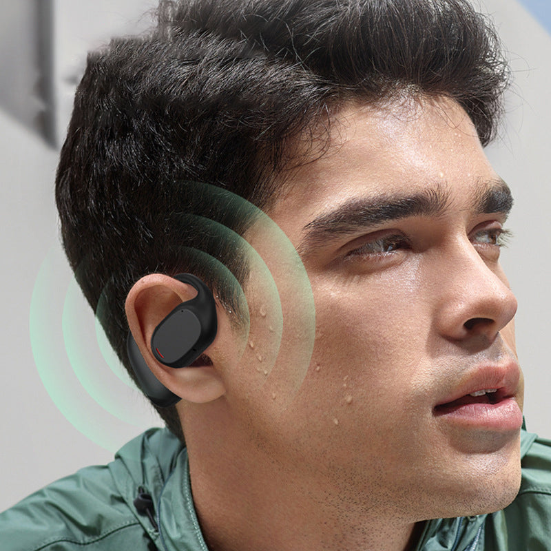 Trådløse open-ear Bluetooth-hovedtelefoner til sport, lette og ergonomiske, sort silikonemateriale, over øret, IPX5.