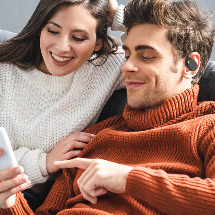 Trådløse open-ear Bluetooth-hovedtelefoner til sport, lette og ergonomiske, sort silikonemateriale, over øret, IPX5.