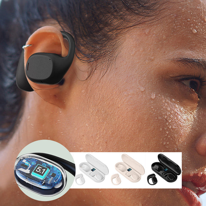 Trådløse open-ear Bluetooth-hovedtelefoner til sport, lette og ergonomiske, sort silikonemateriale, over øret, IPX5.