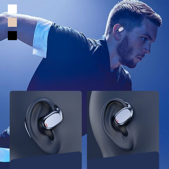 Trådløse open-ear Bluetooth-hovedtelefoner til sport, lette og ergonomiske, sort silikonemateriale, over øret, IPX5.