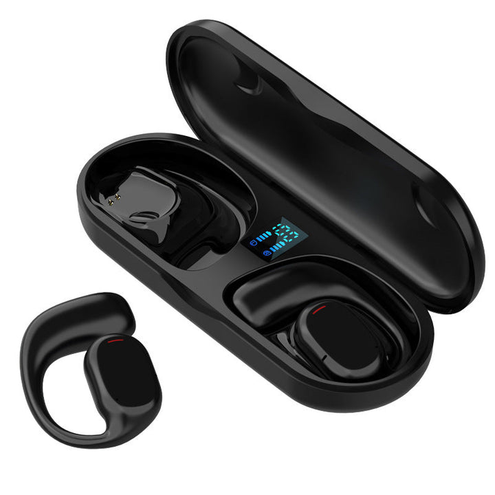 Trådløse open-ear Bluetooth-hovedtelefoner til sport, lette og ergonomiske, sort silikonemateriale, over øret, IPX5.