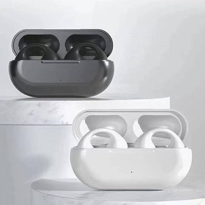 Trådløse knogleledende hovedtelefoner, elegant og kompakt design, sort metalstruktur, i opladningsetui, teknologi og gadgets