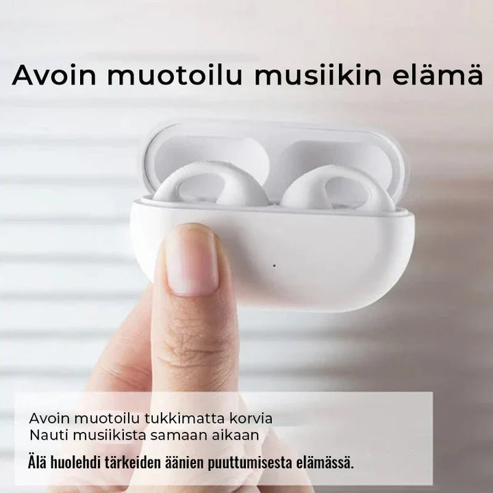 Trådløse knogleledende hovedtelefoner, elegant og kompakt design, sort metalstruktur, i opladningsetui, teknologi og gadgets