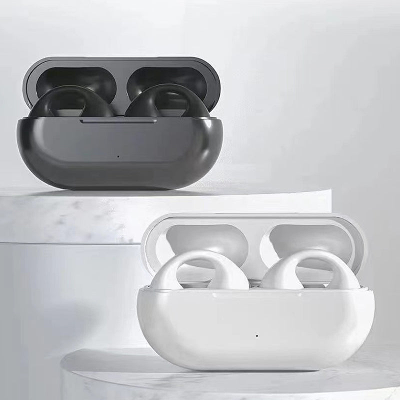 Trådløse knogleledende hovedtelefoner, elegant og kompakt design, sort metalstruktur, i opladningsetui, teknologi og gadgets
