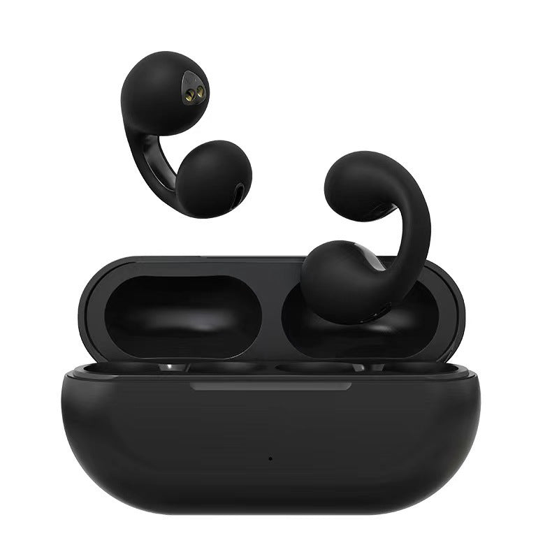 Trådløse knogleledende hovedtelefoner, elegant og kompakt design, sort metalstruktur, i opladningsetui, teknologi og gadgets