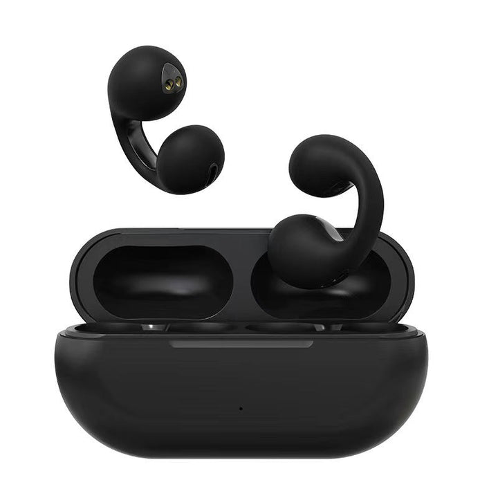 Trådløse knogleledende hovedtelefoner, elegant og kompakt design, sort metalstruktur, i opladningsetui, teknologi og gadgets