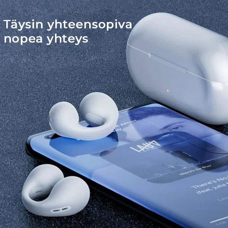 Trådløse knogleledende hovedtelefoner, elegant og kompakt design, sort metalstruktur, i opladningsetui, teknologi og gadgets