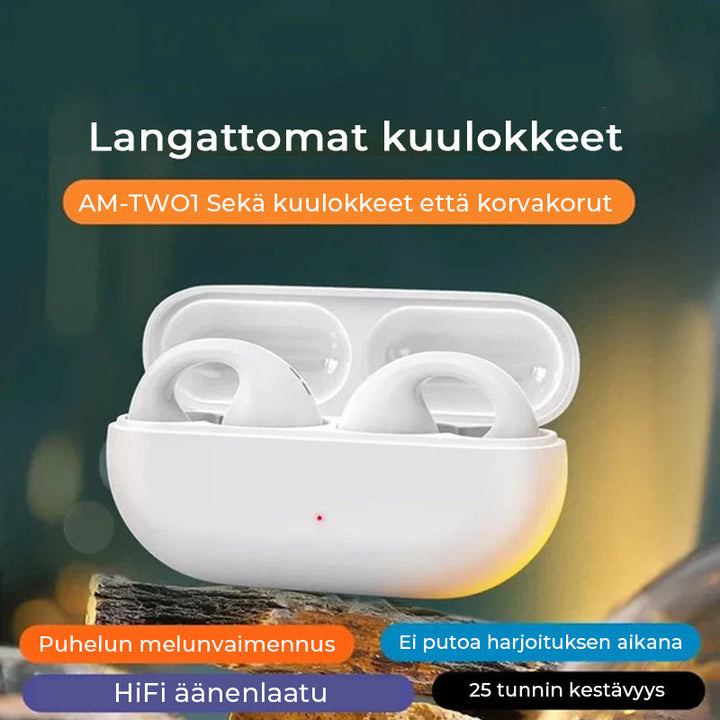 Trådløse knogleledende hovedtelefoner, elegant og kompakt design, sort metalstruktur, i opladningsetui, teknologi og gadgets