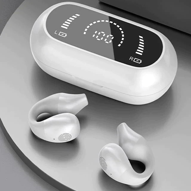 Langattomat luunjohtokuulokkeet LED-näytöllä, musta, ergonominen muotoilu, avoin rakenne, sopii aktiiviseen elämäntapaan.