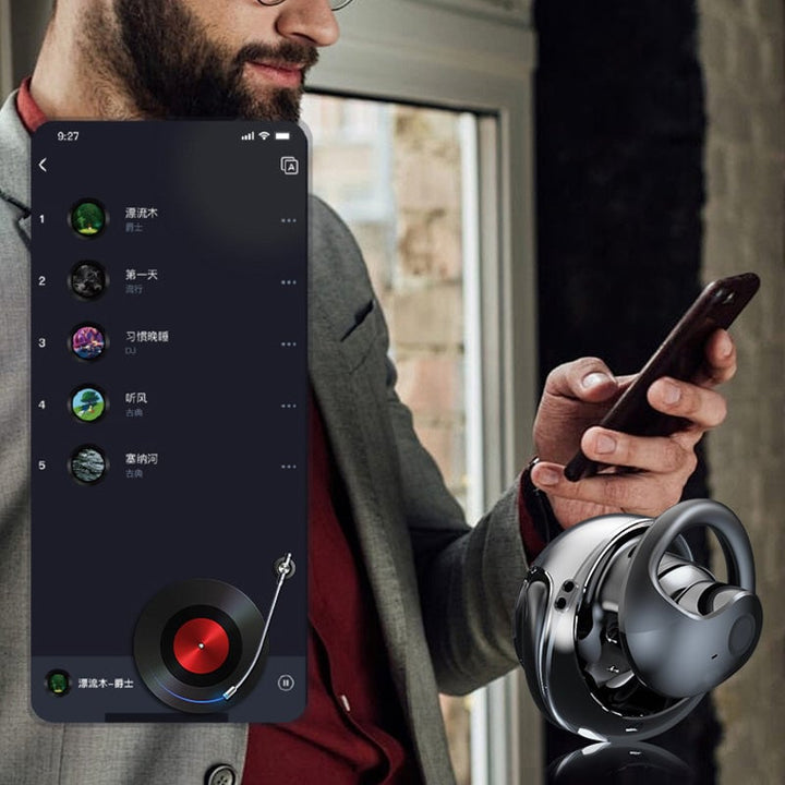 Trådløse sorte/beige Bluetooth-oversættelseshovedtelefoner, stilfuldt design, til smart hjem, oversættelse i realtid.