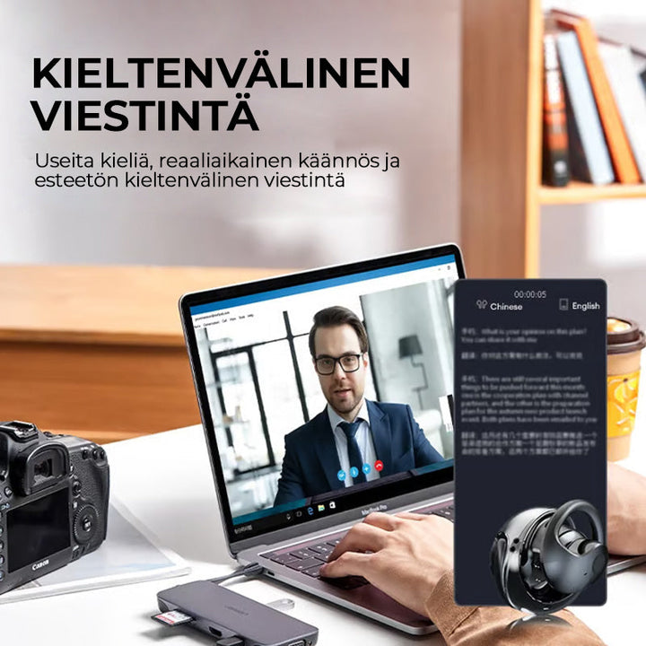 Trådløse sorte/beige Bluetooth-oversættelseshovedtelefoner, stilfuldt design, til smart hjem, oversættelse i realtid.