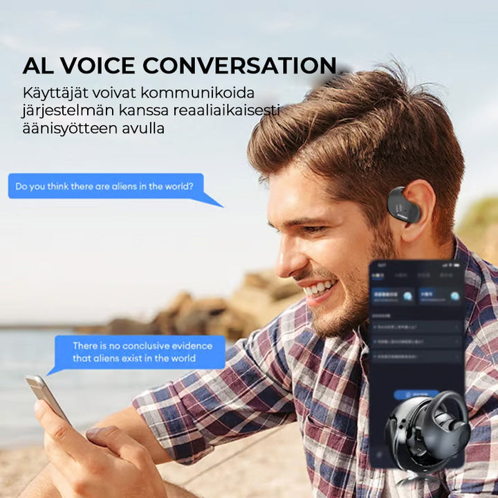 Trådløse sorte/beige Bluetooth-oversættelseshovedtelefoner, stilfuldt design, til smart hjem, oversættelse i realtid.
