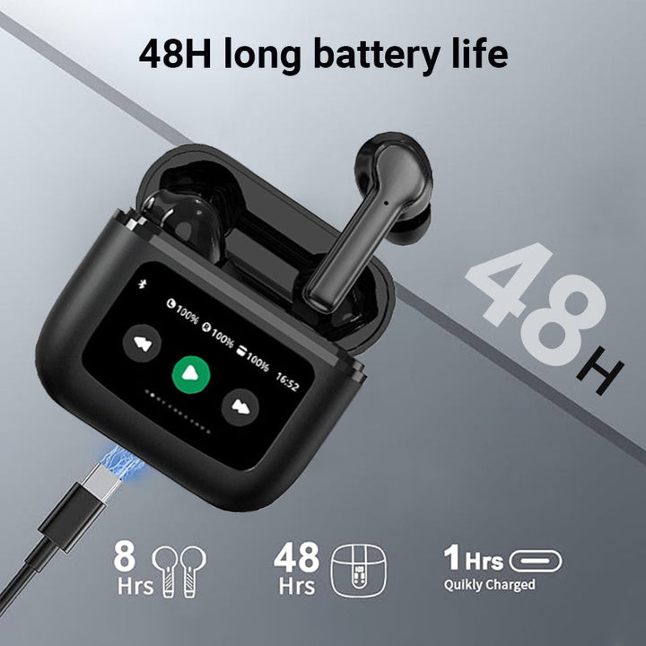 "Langattomat mustat ja valkoiset Bluetooth-kuulokkeet, kosketusnäyttö, ergonominen muotoilu, aktiivinen melunvaimennus."