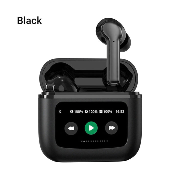 "Langattomat mustat ja valkoiset Bluetooth-kuulokkeet, kosketusnäyttö, ergonominen muotoilu, aktiivinen melunvaimennus."