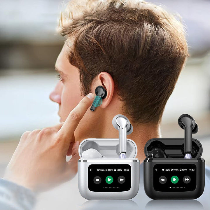 "Langattomat mustat ja valkoiset Bluetooth-kuulokkeet, kosketusnäyttö, ergonominen muotoilu, aktiivinen melunvaimennus."