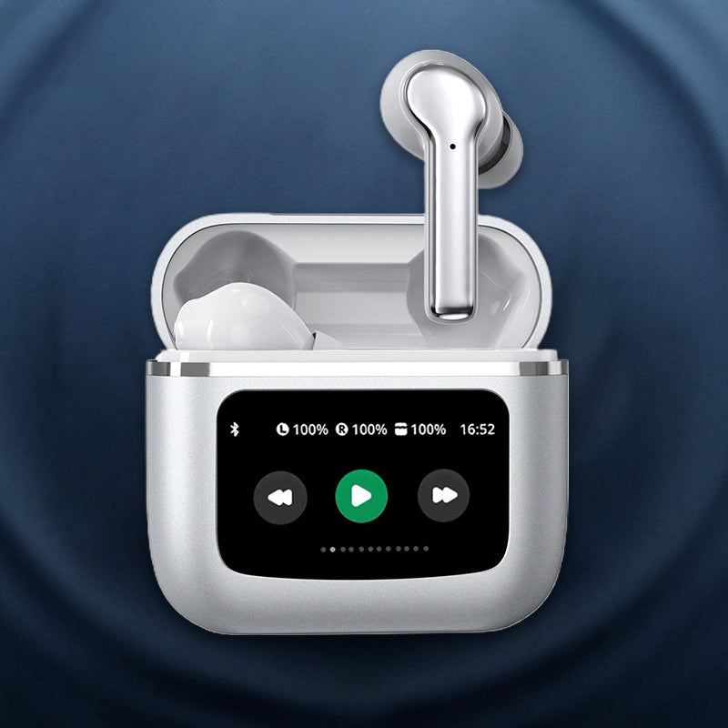 "Langattomat mustat ja valkoiset Bluetooth-kuulokkeet, kosketusnäyttö, ergonominen muotoilu, aktiivinen melunvaimennus."