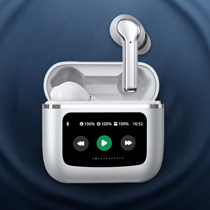 "Langattomat mustat ja valkoiset Bluetooth-kuulokkeet, kosketusnäyttö, ergonominen muotoilu, aktiivinen melunvaimennus."