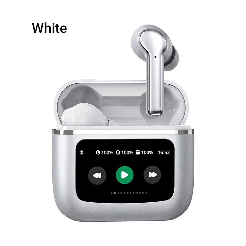"Langattomat mustat ja valkoiset Bluetooth-kuulokkeet, kosketusnäyttö, ergonominen muotoilu, aktiivinen melunvaimennus."